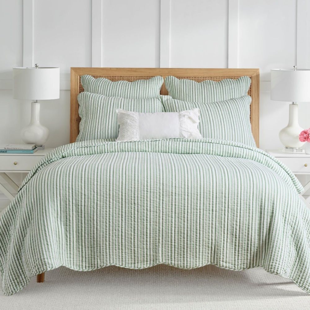π PB Style Green & White Striped Cotton Quilt Coverlet Scalloped Trim Set NWT - Picture 7 of 7